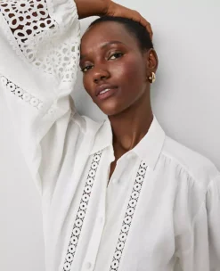 Petite White Linen Blend Embroidered Blouse with Puff Sleeves -Ann Taylor Store 852490 9000 ALT2