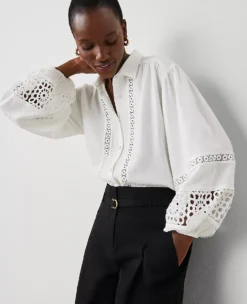 Petite White Linen Blend Embroidered Blouse with Puff Sleeves -Ann Taylor Store 852490 9000 ALT3