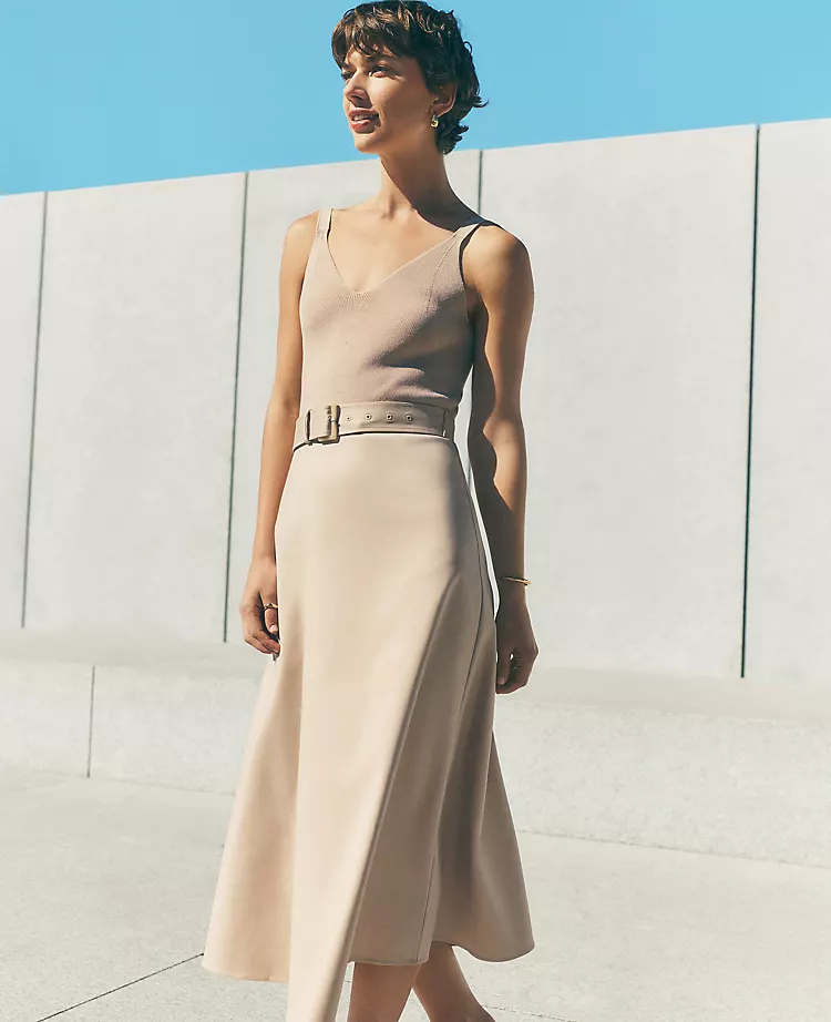 Petite Mixed Media Sweater Midi Dress with Belt - Toasted Oat 1 Petite Mixed Media Sweater Midi Dress with Belt - Toasted Oat