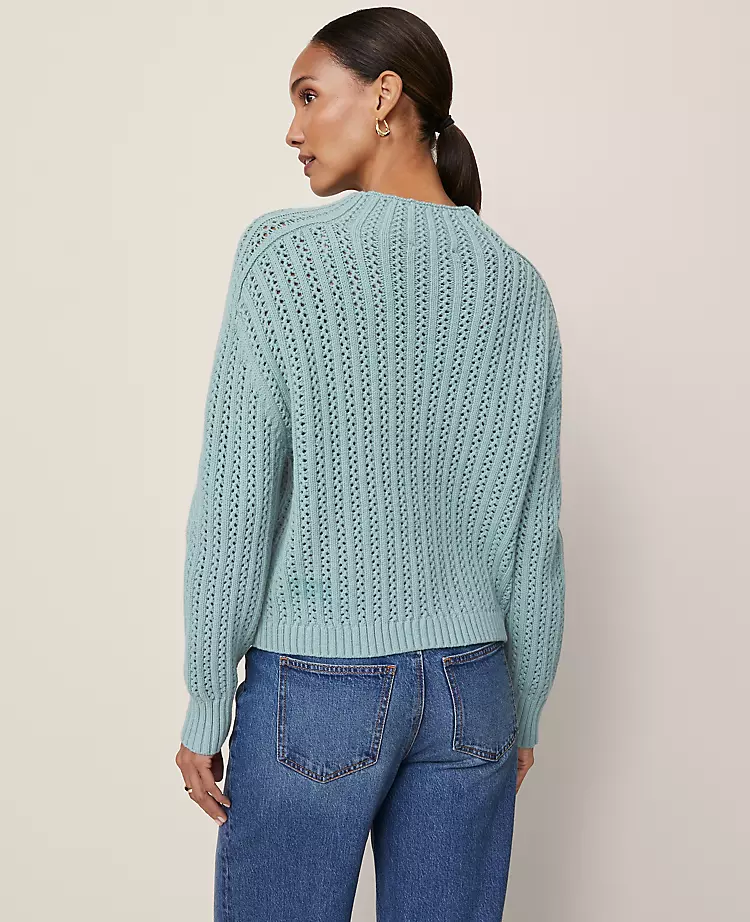 Pointelle Mock Neck Sweater - Soft Knit Raglan Sleeve Top in Lakeside View 3 Pointelle Mock Neck Sweater - Soft Knit Raglan Sleeve Top in Lakeside View - Image 3