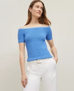 Petite Off-The-Shoulder Textured Short Sleeve Sweater - Maritime Blue