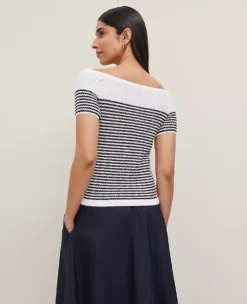 Petite Off-The-Shoulder Textured Navy & White Striped Sweater -Ann Taylor Store 852651 1056 ALT1