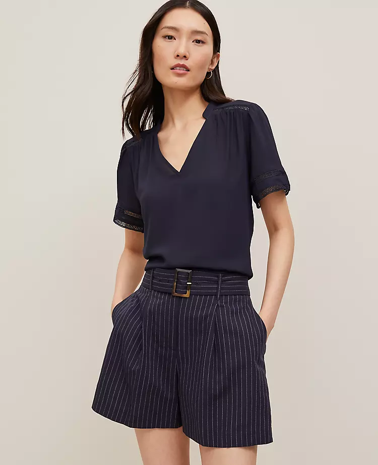 Petite Lace Trim Mixed Media Top - Elegant Night Sky Short Sleeve 1 Petite Lace Trim Mixed Media Top - Elegant Night Sky Short Sleeve