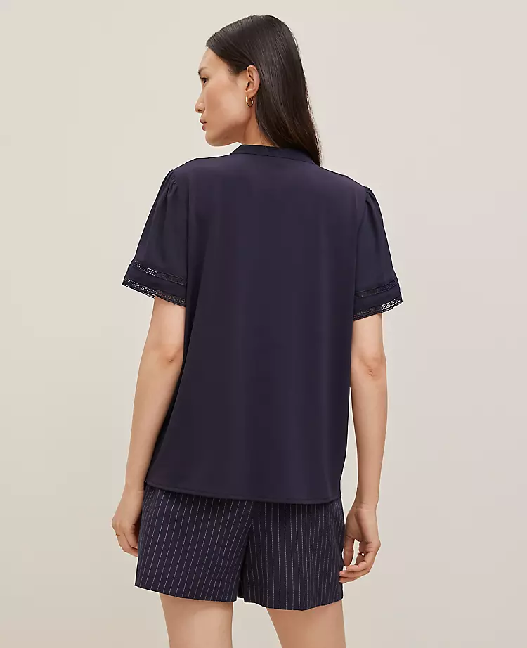 Petite Lace Trim Mixed Media Top - Elegant Night Sky Short Sleeve 2 Petite Lace Trim Mixed Media Top - Elegant Night Sky Short Sleeve - Image 2