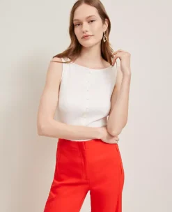 Petite Ribbed Sleeveless Knit Top - Winter White Boatneck Blouse