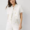 Tailored Petite White Tweed Short Sleeve Jacket with Point Collar