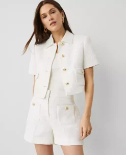 Tailored Petite White Tweed Short Sleeve Jacket with Point Collar