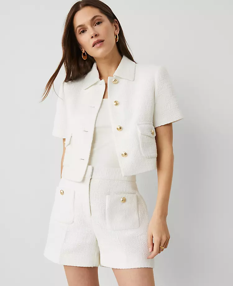 Tailored Petite White Tweed Short Sleeve Jacket with Point Collar 1 Tailored Petite White Tweed Short Sleeve Jacket with Point Collar