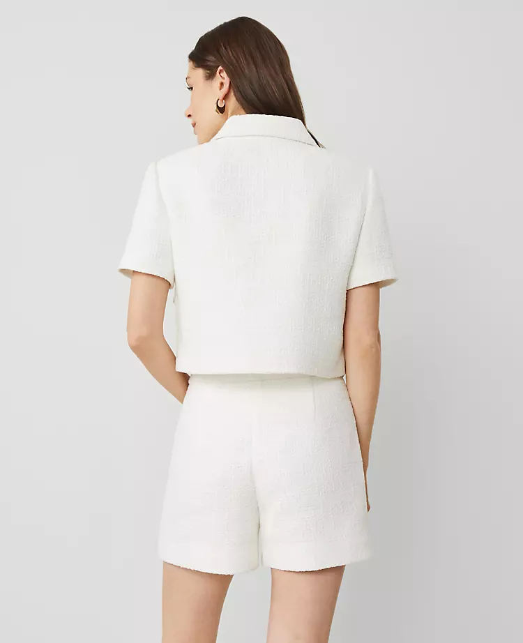 Tailored Petite White Tweed Short Sleeve Jacket with Point Collar 2 Tailored Petite White Tweed Short Sleeve Jacket with Point Collar - Image 2