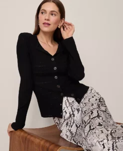 Women's Ribbed V-Neck Button-Front Cardigan - Soft Fitted Black Sweater