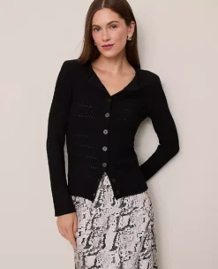 Women's Ribbed V-Neck Button-Front Cardigan - Soft Fitted Black Sweater -Ann Taylor Store 852746 2222 ALT2