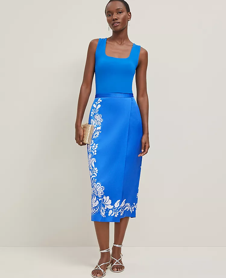 Petite Satin Midi Wrap Skirt - Power Blue Elegant Column Fit 1 Petite Satin Midi Wrap Skirt - Power Blue Elegant Column Fit