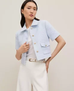 Petite Tweed Cropped Sleeve Jacket in Zephyr Blue