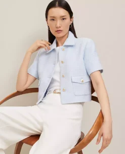 Petite Tweed Cropped Sleeve Jacket in Zephyr Blue -Ann Taylor Store 852763 1286 ALT2