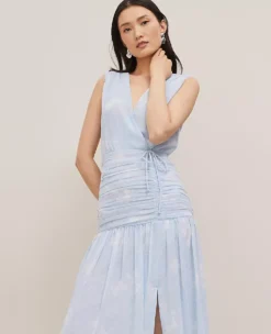 Petite Floral Ruched Tie Waist Midi Dress - Zephyr Blue