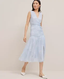 Petite Floral Ruched Tie Waist Midi Dress - Zephyr Blue 5 Petite Floral Ruched Tie Waist Midi Dress - Zephyr Blue -Ann Taylor Store 852772 522446 ALT2