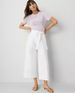 Petite White Poplin Cropped Palazzo Pants - Belted Wide Leg Trousers