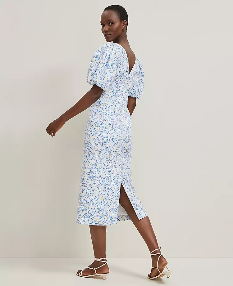 Petite White Floral Linen Puff Sleeve Sheath Dress - Mid-Calf Length 2 Petite White Floral Linen Puff Sleeve Sheath Dress - Mid-Calf Length - Image 2
