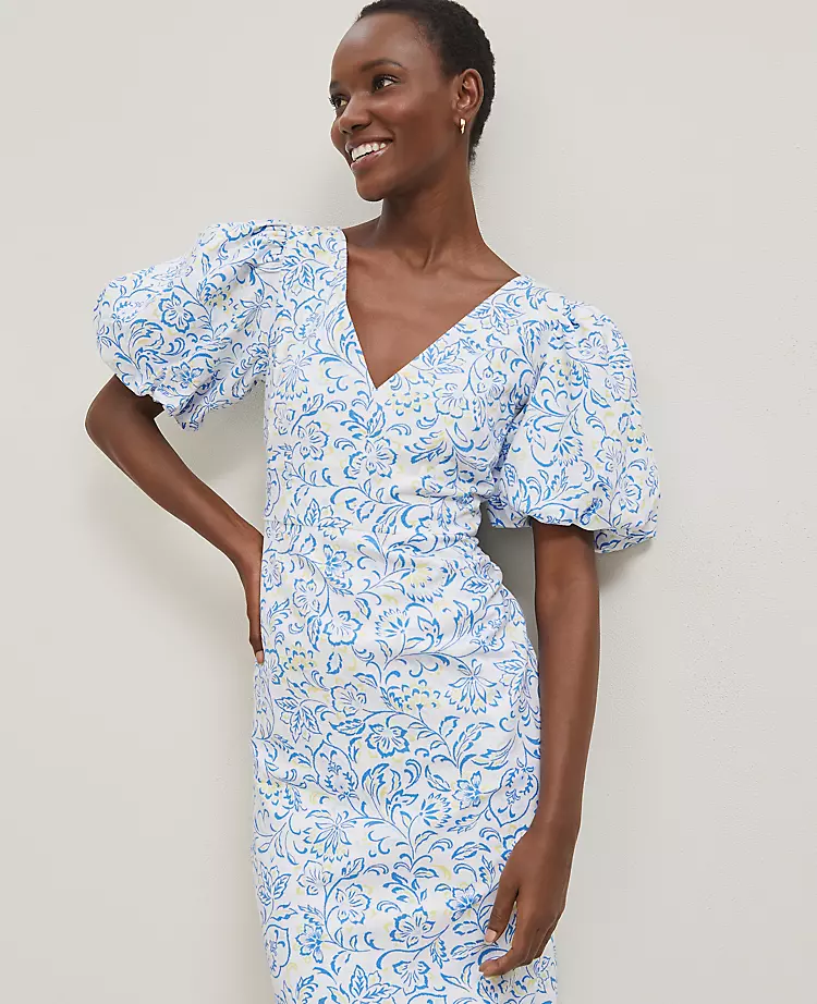 Petite White Floral Linen Puff Sleeve Sheath Dress - Mid-Calf Length 3 Petite White Floral Linen Puff Sleeve Sheath Dress - Mid-Calf Length - Image 3