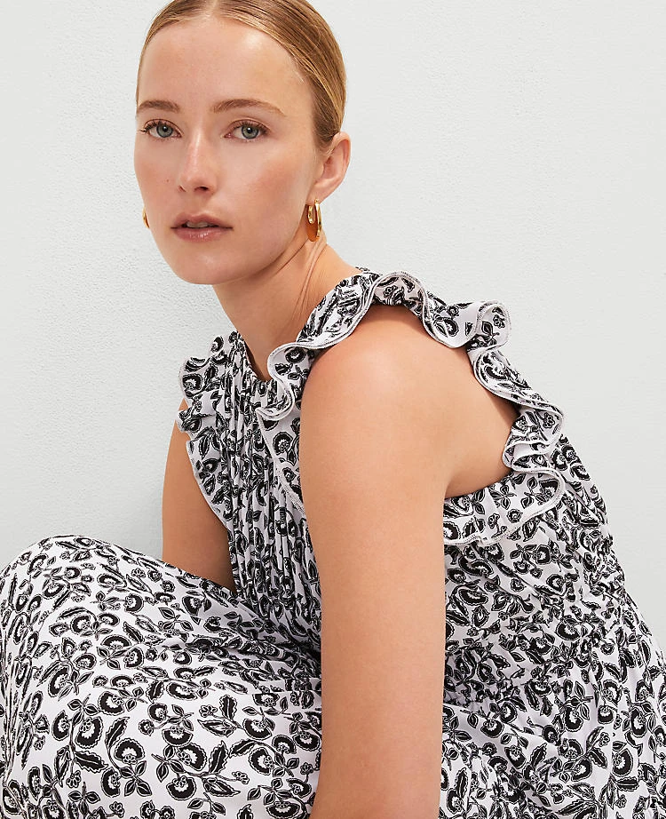 Floral Ruffle Petite Midi Dress - Elegant Black Halter Neck Pleated Dress 3 Floral Ruffle Petite Midi Dress - Elegant Black Halter Neck Pleated Dress - Image 3