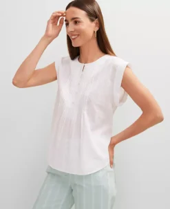 Petite White Clip Dot Pintucked Top - Flowy Cap Sleeve Blouse