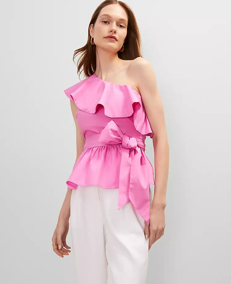 Petite Pink Orchid One-Shoulder Ruffle Blouse with Tie Waist 1 Petite Pink Orchid One-Shoulder Ruffle Blouse with Tie Waist