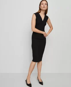 Elegant V-Neck Bi-Stretch Sheath Dress - Professional Black Midi Dress