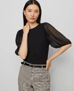 Petite Black Mixed Media Top with Elegant Pleated Sleeves