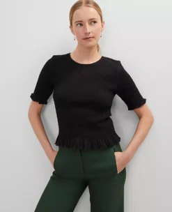 Petite Black Smocked Ruffle Blouse - Elegant Day-to-Night Top