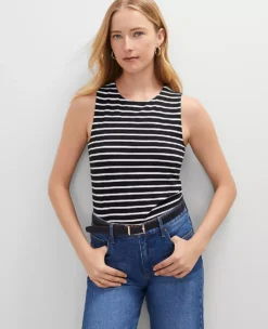 Petite Striped Crew Neck Shell - Sleeveless Waist-Length Top