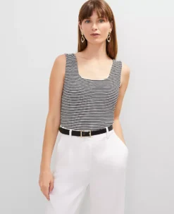 Petite Striped Square Neck Tank Top in Black