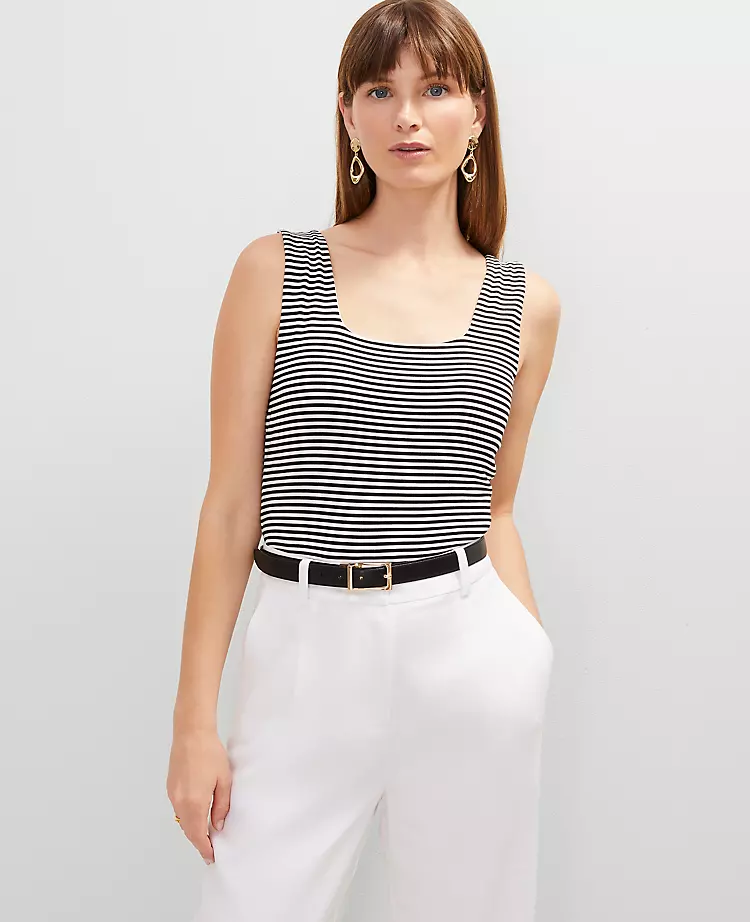 Petite Striped Square Neck Tank Top in Black 1 Petite Striped Square Neck Tank Top in Black