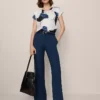 Petite Flare Leg Trousers - Mid Rise Tailored Fit Moonlit Backdrop