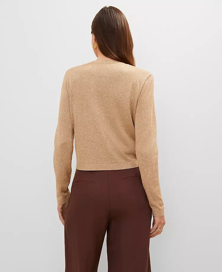 Gold Metallic Petite Shimmer Open Front Cropped Cardigan 2 Gold Metallic Petite Shimmer Open Front Cropped Cardigan - Image 2