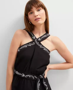 Petite Embroidered Floral Midi Flare Dress in Breathable Black Cotton