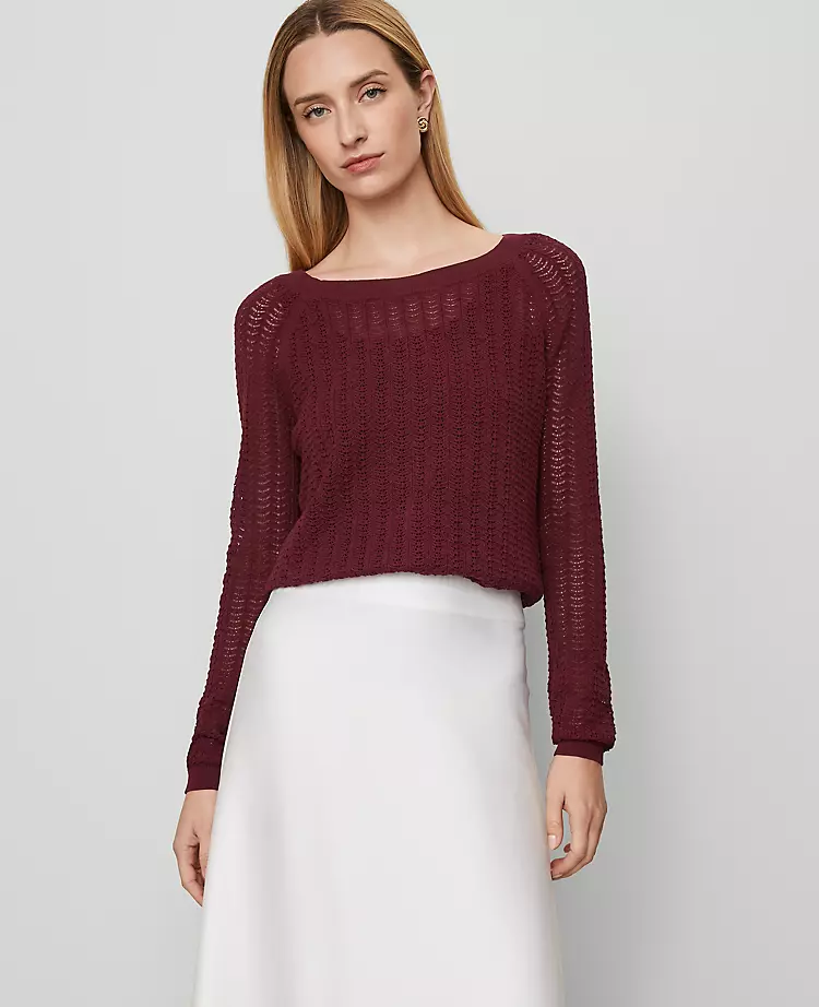 Petite Pointelle Boatneck Sweater - 100% Cotton Windsor Wine 3 Petite Pointelle Boatneck Sweater - 100% Cotton Windsor Wine - Image 3