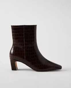 Chocolate Brown Croco-Embossed Leather Skinny Heel Booties