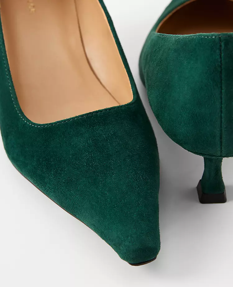 Deep Slate Green Suede Pointed Toe Kitten Heel Pumps 2 Deep Slate Green Suede Pointed Toe Kitten Heel Pumps - Image 2