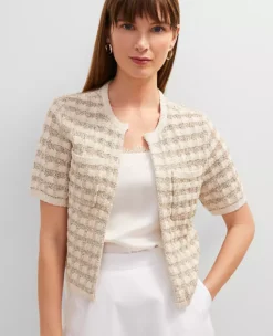 Petite Metallic Tweed Sweater Jacket - Neutral Short Sleeve Knit Layer -Ann Taylor Store 853082 7030 ALT2