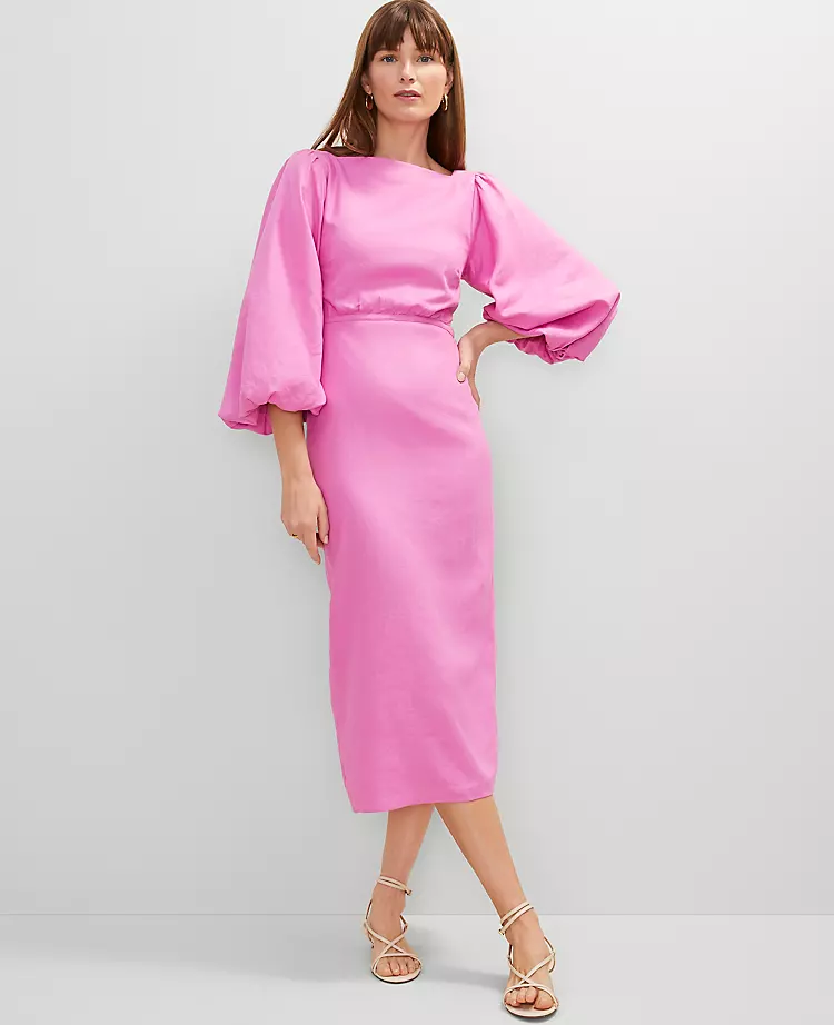 Petite Pink Orchid Linen Blend Puff Sleeve Midi Dress with Side Cutouts 2 Petite Pink Orchid Linen Blend Puff Sleeve Midi Dress with Side Cutouts - Image 2