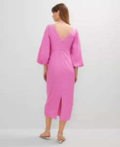 Petite Pink Orchid Linen Blend Puff Sleeve Midi Dress with Side Cutouts 6 Petite Pink Orchid Linen Blend Puff Sleeve Midi Dress with Side Cutouts -Ann Taylor Store 853085 019664 ALT1