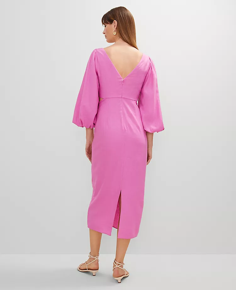 Petite Pink Orchid Linen Blend Puff Sleeve Midi Dress with Side Cutouts 3 Petite Pink Orchid Linen Blend Puff Sleeve Midi Dress with Side Cutouts - Image 3