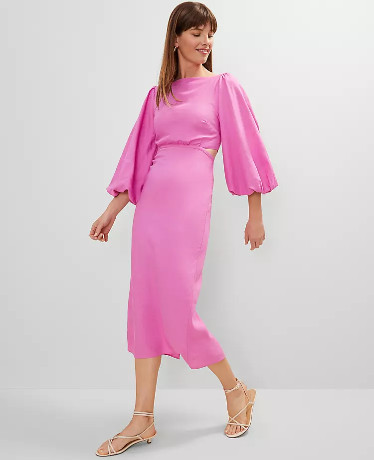 Petite Pink Orchid Linen Blend Puff Sleeve Midi Dress with Side Cutouts 4 Petite Pink Orchid Linen Blend Puff Sleeve Midi Dress with Side Cutouts - Image 4