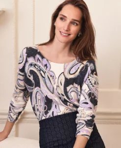 Petite Paisley Boatneck Sweater - Soft Fitted Long Sleeve Knit
