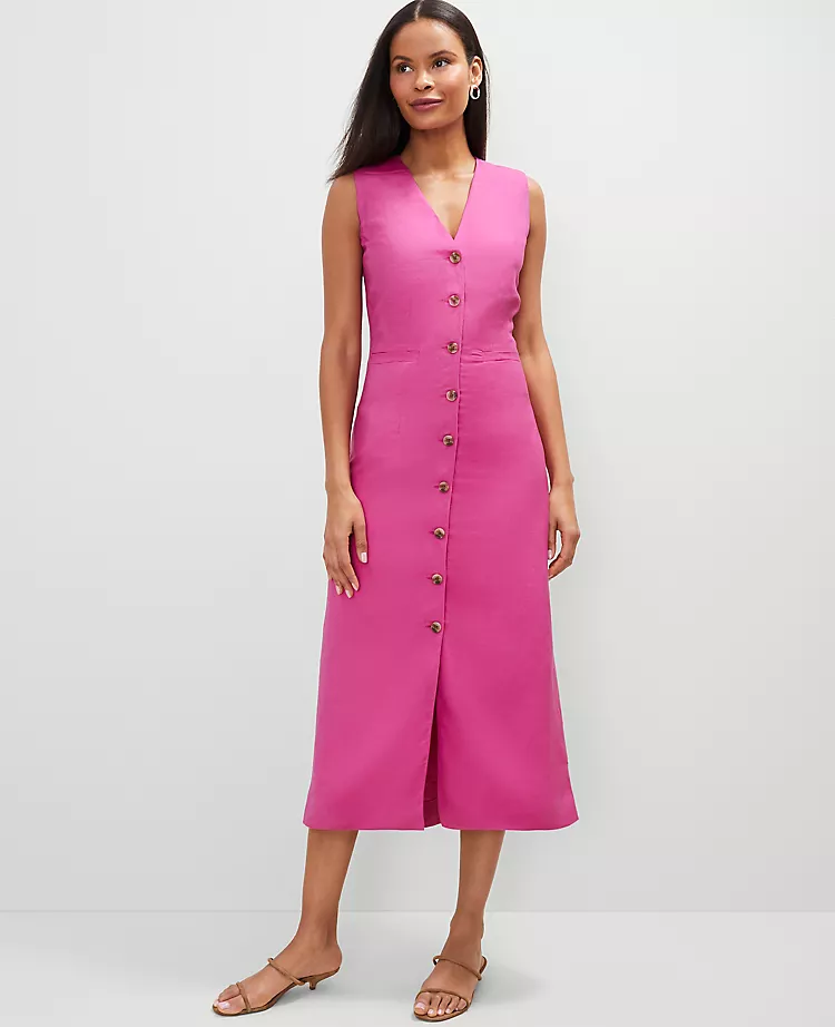 Petite Linen-Blend V-Neck Shirtdress - Rose Violet Midi Dress 2 Petite Linen-Blend V-Neck Shirtdress - Rose Violet Midi Dress - Image 2