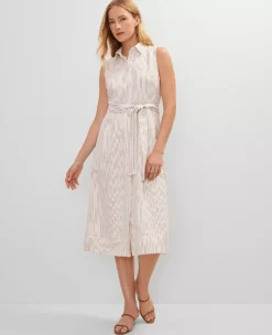 Petite Striped Flare Midi Shirtdress with Self-Tie Belt - Neutral Combo