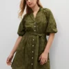 Petite Moss Green Eyelet Ruffle Neck Flare Dress