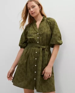 Petite Moss Green Eyelet Ruffle Neck Flare Dress
