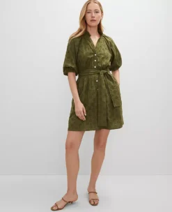 Petite Moss Green Eyelet Ruffle Neck Flare Dress -Ann Taylor Store 853109 019665 ALT2