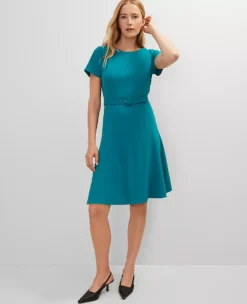 Aegean Teal Petite Belted Flare Dress - Versatile Crew Neck Style